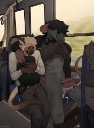 absurd_res anthro arm_around_shoulders balls biped black_hair bodily_fluids bottomwear brown_body brown_fur brown_tail buckteeth bulge bus closed_eyes clothing collared_shirt commercial_vehicle cum cumshot detailed_background detailed_bulge domestic_cat dress_shirt duo_focus ejaculation electronics erection exhibitionism eyebrow_piercing facial_piercing felid feline felis fur genital_fluids genital_outline genitals glans grey_balls grey_body grey_fur group hair hairless_tail headphones headphones_around_neck hi_res holding_backpack humanoid_genitalia humanoid_penis interspecies long_sleeves male mammal multicolored_body multicolored_fur murid murine muscular muscular_anthro muscular_male orgasm pants penis penis_outline piercing pink_glans pink_penis plague_r4tt precum pubes public public_exposure public_transportation rat red_eyes rodent rodent_tail scar sgguzz shirt shirt_in_mouth siamese sitting sweat sweatdrop tail tan_body tan_fur tan_tail teeth topwear vehicle wavy_mouth whiskers