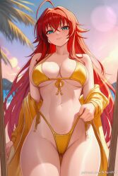 ahoge ai_generated aqua_eyes ass_visible_through_thighs bare_shoulders beach bikini blue_eyes blush breasts cleavage collarbone crossed_bangs female front-tie_bikini_top front-tie_top hair_between_eyes high_school_dxd highleg highleg_bikini hikari406 jacket large_breasts long_hair long_sleeves looking_at_viewer navel off_shoulder open_clothes open_jacket outdoors parted_lips red_hair rias_gremory side-tie_bikini_bottom sky smile solo stomach string_bikini swimsuit thigh_gap thighs uncensored very_long_hair yellow_bikini yellow_jacket