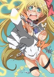 bishoujo_senshi_sailor_moon blush bottomless bow breasts chains clothing collar cuffs cum erect_nipples female female_only human kunifuto large_breasts minako_aino sailor_venus skirt solo tears torn_clothes