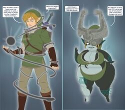 1boy 1girls after_transformation ass bbw before_and_after before_transformation big_ass big_belly big_breasts chubby chubby_female cleavage dialogue female gender_transformation hi_res highres hips imp imp_midna link link_(twilight_princess) male nintendo overweight overweight_female post-transformation pre-transformation saturnxart shortstack shortstackification species_transformation speech_bubble the_legend_of_zelda the_legend_of_zelda:_twilight_princess thick_thighs transformation twilight_princess wide_hips