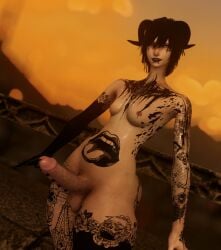 big_ass big_penis claws demon fangs femboy femboy_boobs femboy_breasts ffxiv final_fantasy_xiv goth goth_boy goth_makeup gothic gpose(ffxiv) gpose_(ffxiv) imp jacob's_ladder olly_v_(ffxiv) penis_piercing solo solo_male square_enix sunset thighs