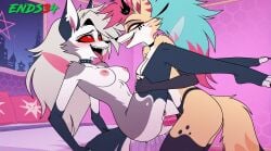 2girls ai_generated completely_nude dildo_in_ass ends34 furry_female helluva_boss loona_(helluva_boss) medium_breasts queen_bee-lzebub_(helluva_boss) red_eyes wolf_girl yuri