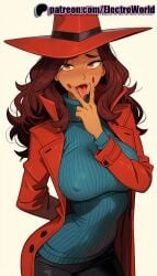 1girls 2025 :p ai_generated artist_name breasts bust carmen_sandiego carmen_sandiego_(2019) chest covered_nipples electroworld female gradient gradient_background hat hi_res high_quality high_resolution highres jacket long_hair looking_at_viewer nail_polish patreon patreon_username ribbed_sweater solo stable_diffusion sweater tongue tongue_out turtleneck watermark