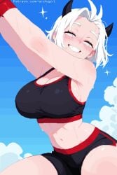 1girls 2d 2d_animation animated archapxl blinking blush demon_girl demon_horns female helltaker horns justice_(helltaker) light_skin looking_at_viewer mp4 navel no_sound pixel_animation pixel_art sky smile smiling solo solo_female sports_bra sweat sweaty tagme tomboy video white_eyes white_hair