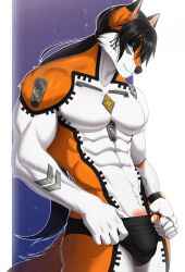 5_fingers abs amur anthro athletic athletic_anthro athletic_male barely_visible_genitalia barely_visible_penis black_hair black_nose bulge canid canine canis clothed clothing cybernetics cyborg fingers fox fur genitals hair hi_res hybrid kamikaze_otium machine male mammal multicolored_body multicolored_fur muscular muscular_male navel orange_body orange_fur penis smile solo speedo standing swimwear topless topless_anthro topless_male two_tone_body two_tone_fur water white_body white_fur wolf