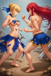 ai_generated breasts catfight erza_scarlet fairy_tail fate_(series) feet female female_only fists_clenched not_real_art saber topless