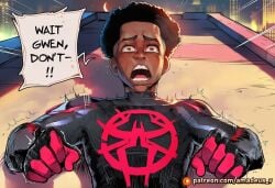 1boy afro ai_generated amadeus_v black_hair bodily_fluids bodysuit brown_eyes clothing comic dark-skinned_male dark_body dark_skin dc_comics english_text male male_only marvel miles_morales muscular muscular_male open_mouth patreon_username solo spider-man spider-man_(series) superhero tears text very_dark_skin