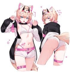 blush claw_pose embarrassed fang flying_sweatdrops hololive large_ass mococo_abyssgard multiple_views namiorii pantyshot patreon_username rawr small_breasts trefoil twitter_username virtual_youtuber watermark