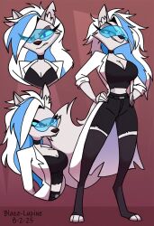 1girls angry annoyed annoyed_expression anthro big_breasts blaze-lupine blue_eyes blue_hair blue_highlights blue_streak breasts canine choker cleavage confusion curvy curvy_body curvy_female curvy_figure different_expressions digital_drawing_(artwork) female furry hands_on_hips helluva_boss hi_res labcoat long_hair looking_at_viewer looking_away looking_to_the_side mature_female milf mistral_morvane mother neutral_expression older_female original_character raised_eyebrows rolled_up_sleeves scientist shorts smile smiling smiling_at_partner smirk smirking smirking_at_viewer standing thighhighs two_tone_hair visor white_body white_fur white_hair wolf wolf_girl