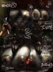 big_breasts big_penis bodily_fluids breasts capcom dialogue genital_size_difference genitals grey_body grey_skin group herm hi_res human humanoid insult intersex inverted_nipples mammal mocking nails nipples penis regenerator_(resident_evil) resident_evil rongodombo saliva sharp_nails sharp_teeth teeth trio yellow_eyes