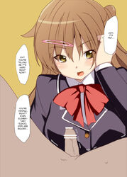 1boy blush brown_eyes brown_hair censored chuunibyou_demo_koi_ga_shitai! female femdom hair_ornament hairclip hard_translated long_hair nibutani_shinka penis pointless_censoring school_uniform simple_background small_penis small_penis_humiliation tanaka_deshirittoru translated yellow_background