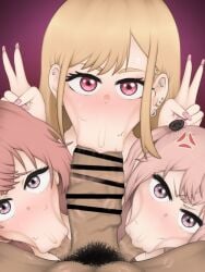 1boy 3girls :>= alternate_version_at_source alternate_version_available angry angry_face balls big_penis blonde_hair blowjob collaborative_fellatio ear_piercing fellatio female gyaru hair_ornament hairy_balls huge_cock inui_sajuna inui_shinju kitagawa_marin lipstick lipstick_mark lipstick_on_balls lipstick_on_penis long_hair looking_at_viewer male male_pov ngnb nude oral oral_sex peace_sign penis piercing piercings pink_eyes pink_hair pink_lipstick pov pubic_hair pubic_hair_in_mouth pubic_hair_on_face red_hair sono_bisque_doll_wa_koi_wo_suru stray_pubic_hair sucking_balls sucking_tip sweat sweating triple_fellatio
