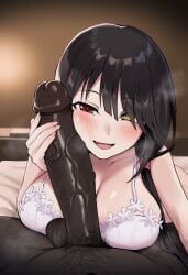 1boy 1boy1girl 1girls ai_generated bed bedroom blush dark-skinned_male date_a_live dim_lighting fat_male girthy_penis hairy_male heterochromia imminent_fellatio indoors large_breasts large_penis looking_at_viewer male/female naughty_face netorare ntr open_mouth penis_grab penis_on_face pov pov_crotch pov_eye_contact room smile solo_focus straight testicles tokisaki_kurumi veiny_penis waroffree white_lingerie