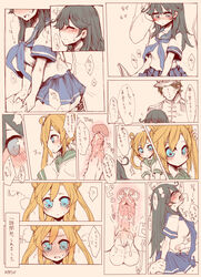 1boy 2girls abukuma_(kantai_collection) admiral_(kantai_collection) black_hair blonde_hair blue_eyes blush clothed_sex comic cross_section exhibitionism hair_rings highres kantai_collection long_hair multiple_girls open_mouth penis personification school_uniform serafuku skirt text translation_request ushio_(kantai_collection) vaginal_penetration