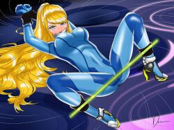 1girls arms_up blonde_hair bondage bound captured deaart female female_only femsub forced_presentation fully_clothed gag gagged heroine_in_trouble high_heels metroid samus_aran shiny_clothes spreader_bar tape tape_gag tight_clothing zero_suit zero_suit_samus