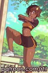 1girls :d ahoge athletic_female blush brown_hair crossed_arms dark-skinned_female dark_skin dutch_angle embarrassed female female_only hairclip highres knees lemon_hair_ornament lifting_shirt looking_at_viewer make_heroine_ga_oo_sugiru! navel obnoxious_watermark one_leg_on_table one_leg_raised outdoors outside purple_eyes rtil shirt_lift shoes short_hair shorts smile solo sports_bra sports_uniform sportswear stomach surprised sweatdrop t-shirt thick_thighs thighs tomboy waist yakishio_lemon