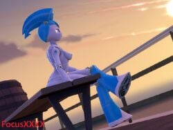 1girls beach breasts breasts_out content_smile female focusxxx jenny_wakeman legs_crossed looking_off_screen nude_female public_indecency public_nudity robot_girl solo_female sunset xj-9