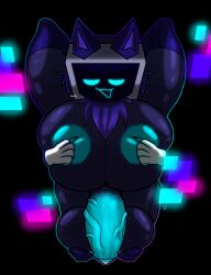 2025 absurd_res anthro balls big_balls big_breasts big_penis breast_play breast_squish breasts electronics felid feline female for_a_head futanari genitals glitch glowing hands_behind_head herm hi_res huge_balls huge_breasts huge_cock intersex looking_down mammal object_head oboegollum penis screen screen_face screen_head sex simple_background solo squish standing television titjob tv_head vein veiny_penis
