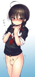 1boy ahoge androgynous black_hair blue_eyes blush bottomless braid censored frown hair_ribbon highres kantai_collection looking_at_viewer male male_only male_pubic_hair penis personification pointless_censoring ribbon rule_63 school_uniform serafuku shigure_(kantai_collection) short_hair single_glove skull.03 solo testicles