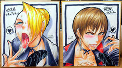 2girls after_sex ahe_gao angry blonde_hair blue_eyes blush brown_eyes brown_hair choker collarbone cum cum_in_mouth cum_string dated earrings flaccid grin hair_bun hair_over_one_eye half-closed_eyes heart jewelry king_of_fighters licking_lips lips marker_(medium) mature_(kof) moaning multiple_girls nail_polish naughty_face orgasm penis photo_(medium) picture_of_picture sawao seductive seductive_smile short_hair snk spoken_heart straight text tongue tongue_out traditional_media translation_request vice_(kof)