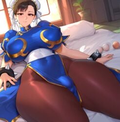 1futa 1girls ai_generated bangs blue_dress bracelet breasts brown_eyes brown_hair brown_legwear bulge bulge_through_clothing bun_cover china_dress chinese_clothes chun-li double_bun dress earrings eyebrows_visible_through_hair futa_only futanari jewelry looking_at_viewer pantyhose pelvic_curtain puffy_short_sleeves puffy_sleeves sash short_hair short_sleeves sitting solo spiked_bracelet spikes street_fighter street_fighter_6 thick_thighs thighs