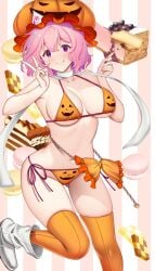 bikini blush breasts cake eating female halloween hat hataraki_kuma navel pink_eyes pink_hair touhou yuyuko_saigyouji