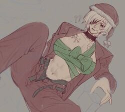 abs artukolatte big_breasts big_breasts big_breasts bikini bikini_top bra breasts breasts breasts chainsaw_man christmas christmas_hat christmas_headwear christmas_outfit confused confused_face confused_look confusion eye_patch jacket jacket_open muscular muscular_female panties pants pants_open quanxi_(chainsaw_man) white_hair