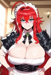 ai_generated big_breasts blue_eyes breasts cum cum_on_breasts curvy day female huge_breasts human human_female juuicyai large_breasts light-skinned_female light_skin maid maid_headdress massive_breasts narrow_waist red_hair rias_gremory solo thick_thighs wide_hips