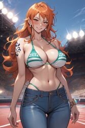 ai_generated bikini_top blush earrings female female_only jeans large_breasts long_hair looking_at_viewer nami_(one_piece) one_piece orange_hair smz tattoo