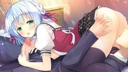 blue_hair blush breasts censored fellatio game_cg green_eyes hair koi_saku_miyako_ni_ai_no_yakusoku_wo_~annaffiare~ natsume_eri nipples oral penis seifuku skirt thighhighs winifred_d_land