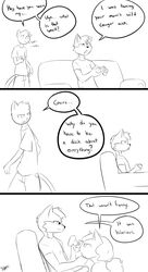 anthro canine comic controller cougar dialog english_text erection feline female fur furry humor male milf monochrome mother parent penis sitting slypon sofa straight text video_games wolf