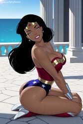 1girl ai_generated ass bare_shoulders black_hair blue_eyes bracelet breasts cleavage dark_skin dc earrings hi_res high_heels high_quality high_resolution jewelry large_breasts lips long_hair looking_at_viewer patreon seductive sexy smile solo spicytoonai star_(symbol) star_print strapless thighs uncensored watermark wonder_woman