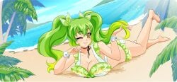 beach bikini crush_crush green_hair large_ass large_breasts playing_with_hair willow_(crush_crush) wink winking_at_viewer