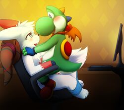 4_toes :d ascot ass barefoot black_eyes black_nose black_skin blue_eyes blush chair claws clothing computer cowgirl_position crossover cum cum_in_ass cum_inside darkmirage erection feline female furry gloves green_skin happy keyboard lizard looking_down looking_up male male_only mario_(series) mongoose nintendo no_humans nude on_top open_mouth penis pokemon pokemon_(species) red_fur red_penis red_skin reptile scalie shorts sitting smile tongue tongue_out white_fur white_skin wings yaoi yoshi zangoose