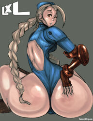 alternate_costume ass ass_grab blonde_hair cammy_white female female_only garrison_cap human leotard liquidxlead pigtails solo street_fighter street_fighter_alpha thong_leotard