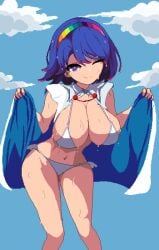 blue_eyes blue_hair breasts chimata_tenkyuu navel one_eye_closed rioku sky sweat touhou wink