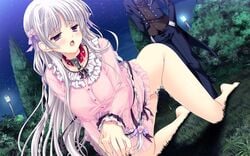 ankoromochi barefoot blush bow breasts censored chains collar female game_cg long_hair night nipples purple_eyes see-through shitsuji_ga_aruji_wo_erabu_toki stars tree veronica_rubenstadt wet white_hair