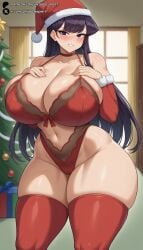 1girls ai_generated alternate_breast_size bangs bare_shoulders black_hair blurry_background blush bra breast_suppress breasts choker christmas christmas_tree cleavage clothing_cutout collarbone curvy detached_sleeves gift grin hat highleg highleg_leotard huge_breasts indoors komi-san_wa_komyushou_desu komi_shouko leotard long_hair looking_at_viewer navel patreon_logo patreon_username purple_eyes red_bra red_headwear red_leotard red_thighhighs santa_hat skindentation smile solo standing thick_thighs thighhighs thighs underwear unjobdespiert web_address wide_hips window