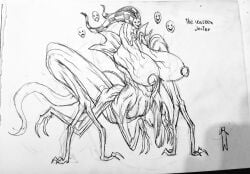 concept_art drawing eldritch_abomination huge_breasts jester_hat larger_female masked_female multi_limb nipples size_difference tail ze_blackball.d zeblackballd_(artist)