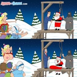 2d armand_et_rolande big_penis christmas disgusted_expression erect_penis large_penis multiple_boys multiple_girls no_bra penis_bulge santa_claus shirt_lift shitpost snow the_naked_maker the_naked_maker_(oc) watermark