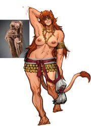 anthro armband claws final_fantasy final_fantasy_xiv furry gold_(metal) gold_jewelry green_eyes hrothgar jewelry lion_ears lion_tail lioness muhash14 muscles muscular_anthro muscular_female necklace orange_fur orange_hair skirt smile square_enix topless wuk_lamat