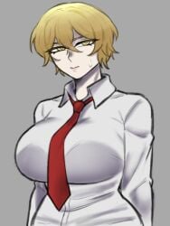 1girls big_breasts blonde_hair breasts clothed clothing female female_focus genderswap_(mtf) limbus_company project_moon rule_63 shy sinclair_(limbus_company) yellow_eyes zenikitsu