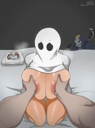 1animal 1boy 2girls ana_bray areolae big_breasts breast_grab breast_squeeze breasts breasts_bigger_than_head breasts_out costume destiny_(game) destiny_2 elsie_bray exo exo_dog exo_stranger female female_focus functionally_nude functionally_nude_female ghost_costume gloomy_tan grabbing grabbing_breasts guardian_(destiny) halloween halloween_costume huge_breasts hunter_(destiny) large_areolae large_breasts looking_at_viewer male male_pov nipples nude nude_female pov sheet_ghost steamy_breath tagme thick_thighs thighs