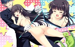 ankoromochi ass black_hair blush breasts censored closed_eyes clothed_male_nude_female female game_cg gloves iguana_(animal) katsuranomiya_saya long_hair nude ribbon shitsuji_ga_aruji_wo_erabu_toki tail