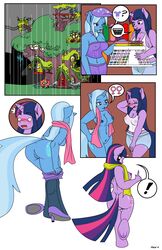 ! 2girls anthro anthrofied anus ass basket bent_over blue_fur blush bottomless breasts building cleavage closed_eyes clothing comic couple cutie_mark dekomaru duo embarrassed equine female friendship_is_magic hair hand_behind_head hat heels hooves horn horse house inside library looking_back multicolored_hair my_little_pony navel nipples nude open_mouth page_4 page_number panties plain_background pony purple_fur pussy rain see-through sheer shirt shocked shoes sideboob skirt stockings storm sweat tank_top teeth telescope thehotroom topless towel tree_house trixie_(mlp) twilight_sparkle_(mlp) two_tone_hair underwear undressing unicorn wet wet_fur wet_hair wet_shirt white_background