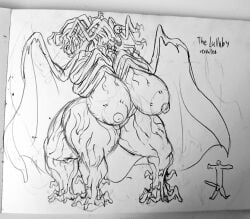 concept_art drawing eldritch_abomination floating_eye giantess gigantic_breasts larger_female monster multi_arm multi_leg nipples overweight overweight_female size_difference smaller_male the_lullaby_(zeblackballd) thick_thighs unusual_anatomy wide_hips wing_cape ze_blackball.d zeblackballd_(artist)