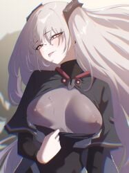 alluring beak_(girls'_frontline) blush blush breasts breasts clothed clothing girls'_frontline headgear long_hair looking_at_viewer red_eyes saliva saliva_drip saliva_on_breasts saliva_string saliva_trail sangvis_ferri tagme tagme_(artist) tongue tongue_out transparent_clothing white_hair