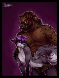 anuv bent_over black_penis canine canine_penis duo erection fox furry gay girly grey_fur hair handjob hyena male no_humans nude original_character penis purple_hair reach_around rokemi scar sheath size_difference