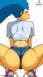 1girls 20th_century_fox 20th_century_studios ai_generated ass blue_hair blue_shorts boosty boosty_username cameltoe dat_ass eyelashes female female_only human looking_back_at_viewer marge_simpson mature mature_female mature_woman milf rpaint seductive shirt shorts smirk solo solo_female sport squatting suggestive_pose the_simpsons white_background yellow_skin