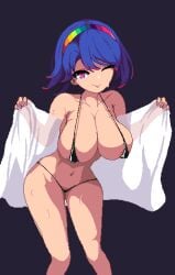 areolae blue_hair breasts chimata_tenkyuu heart-shaped_pupils navel one_eye_closed rioku sweat touhou wink